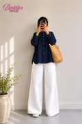 Navy Blue Button Down Shirt & White Flapper Trouser