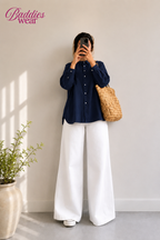 Navy Blue Button Down Shirt & White Flapper Trouser