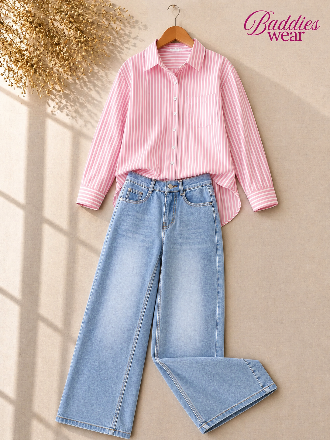 Baby Pink Stripe Button-Down Shirt & Sky-Blue Wide Leg Jeans