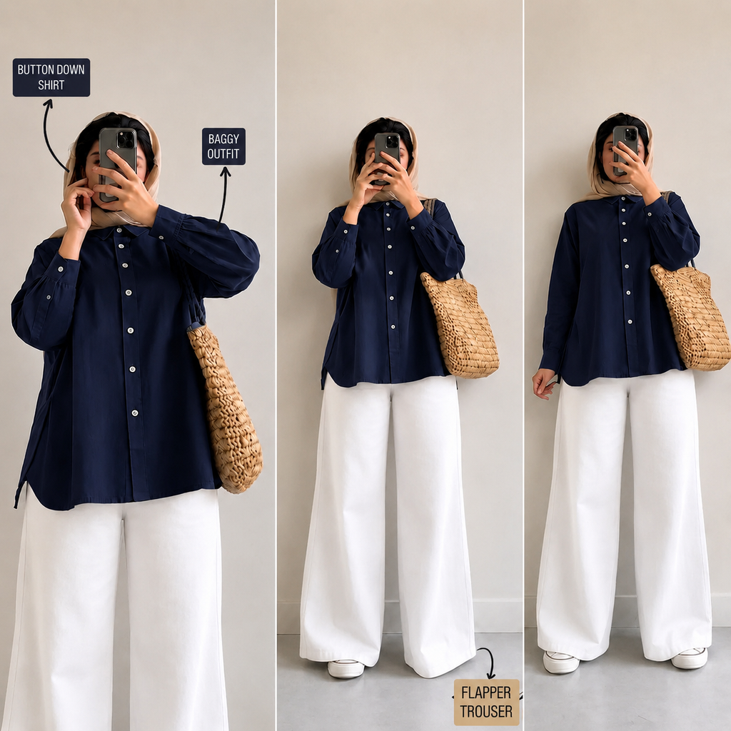 Navy Blue Button Down Shirt & White Flapper Trouser
