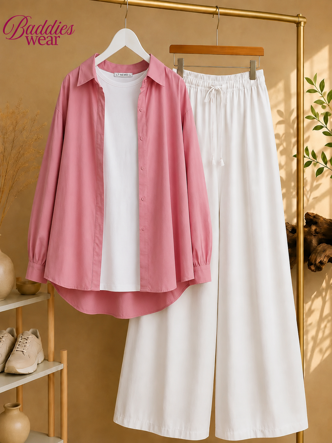 Baby Pink Button Down Shirt With White Tank Top & white Flapper Trouser