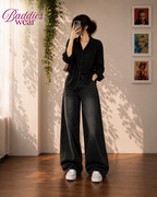 Black Button-Down Shirt & Black Vintage Washed Wide Leg Jeans