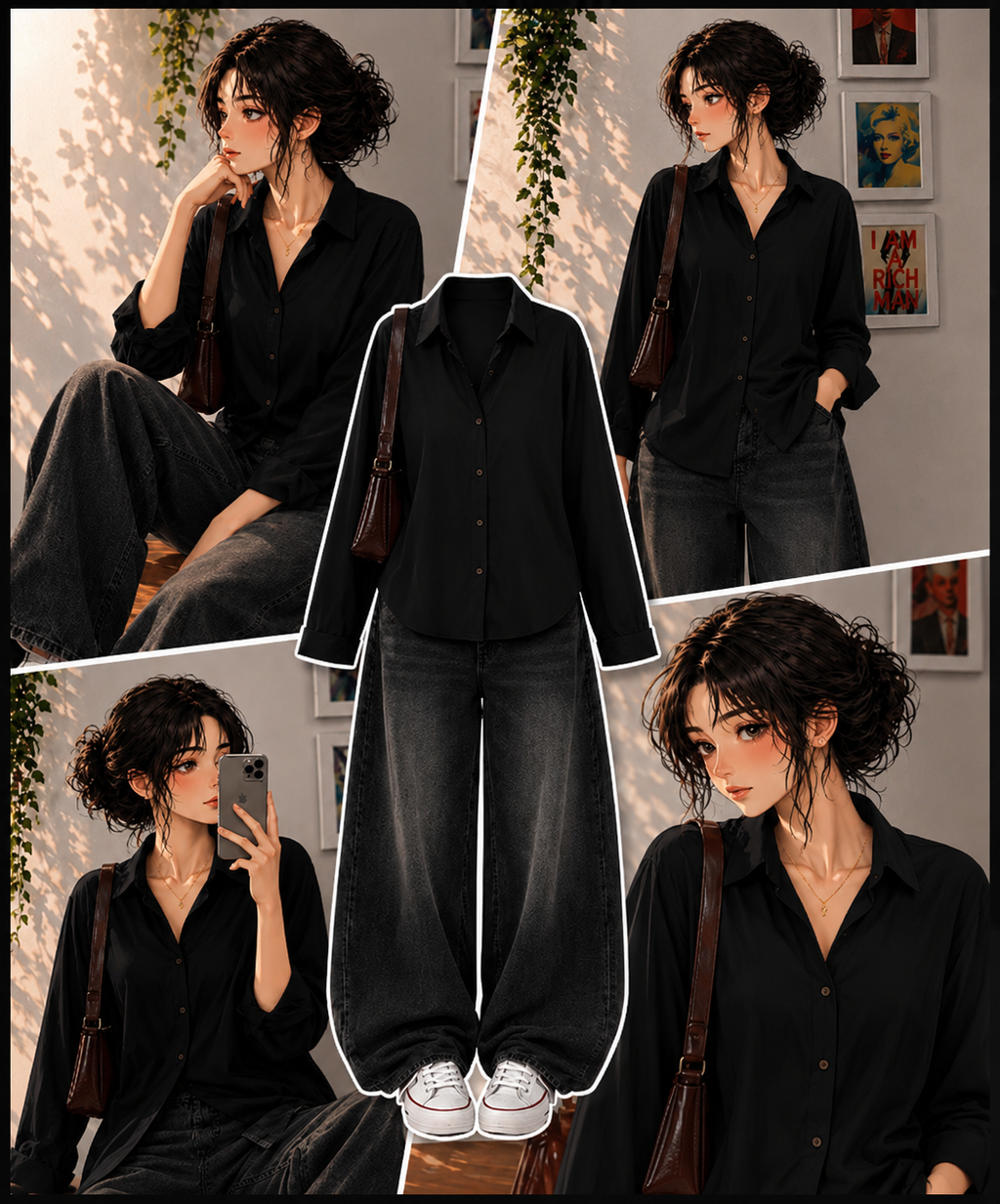 Black Button-Down Shirt & Black Vintage Washed Wide Leg Jeans