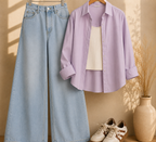 Lilac Button-Down Shirt With White Tank Top & Sky Blue Wide Leg Jeans