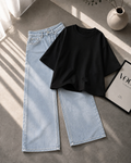 Black Drop Shoulder With Ice Blue Wide Leg Jeans