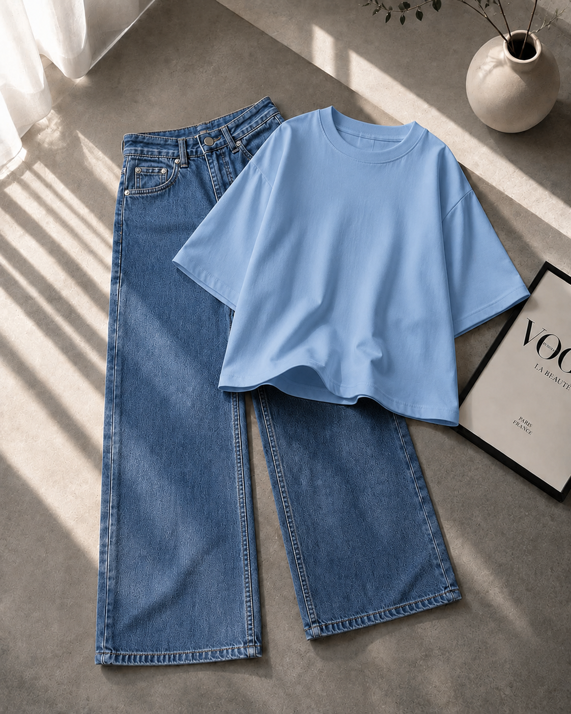 Sky Blue Drop Shoulder With Mid Blue Wide Leg Jeans