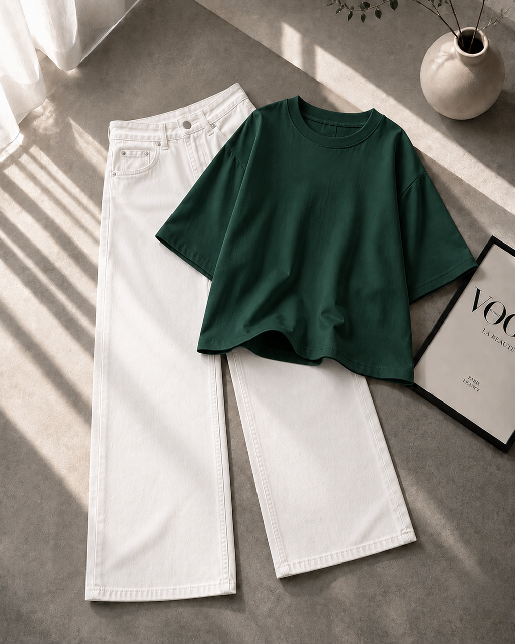 Dark Green Drop Shoulder With White Wide Leg Jeans