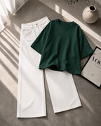 Dark Green Drop Shoulder With White Wide Leg Jeans