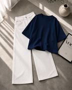 Dark Blue Drop Shoulder With White Wide Leg Jeans