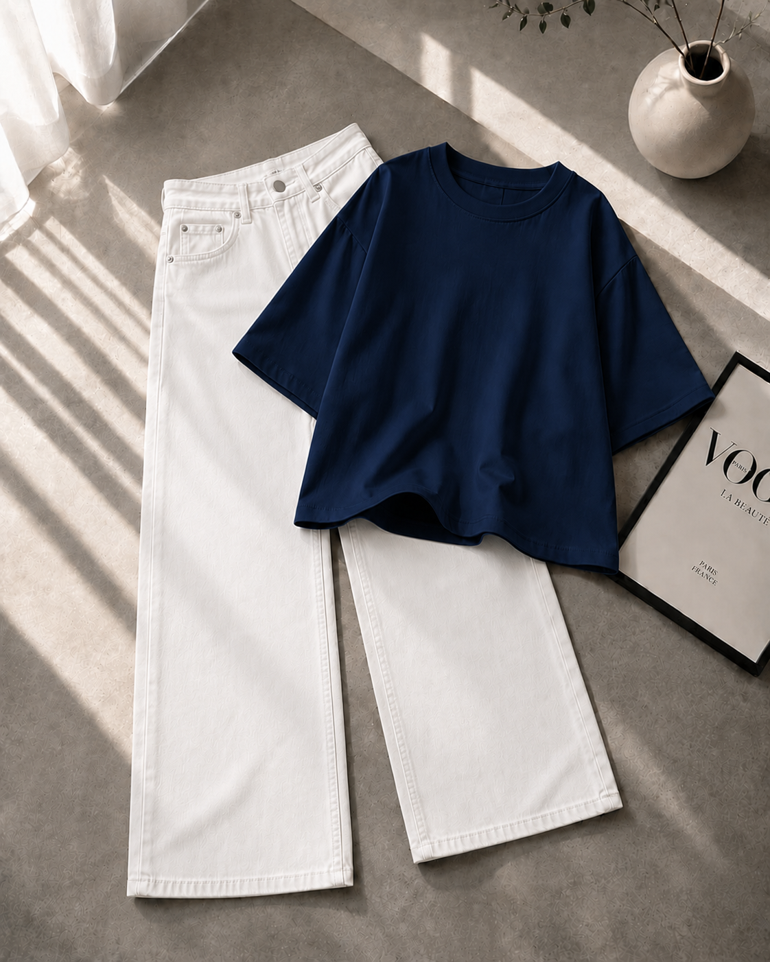 Dark Blue Drop Shoulder With White Wide Leg Jeans
