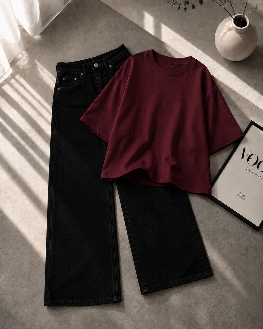 Maroon Drop Shoulder With Black Wide Leg Jeans