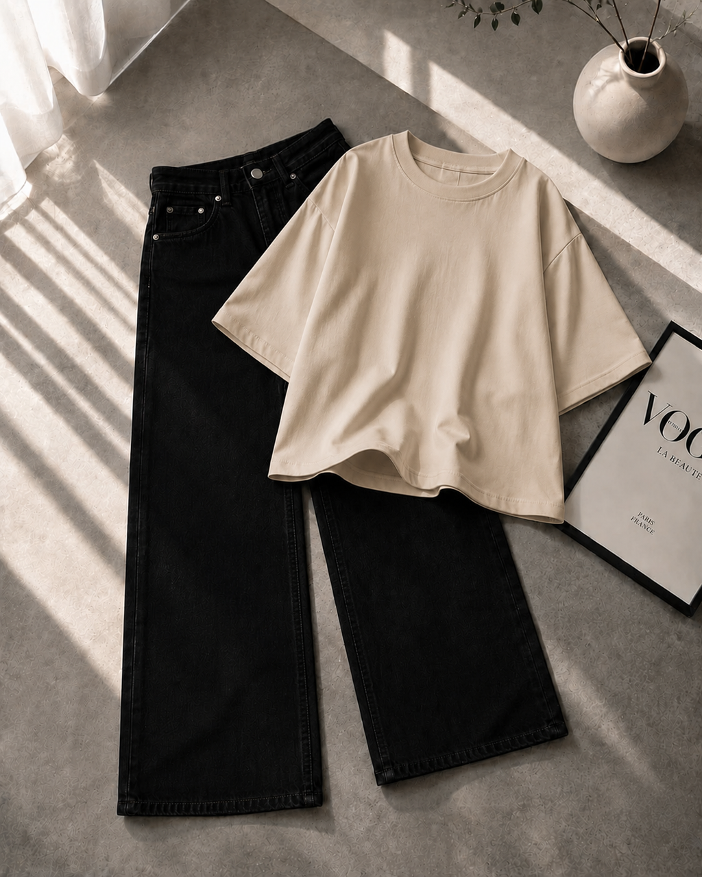 Beige Drop Shoulder With Black Wide Leg Jeans