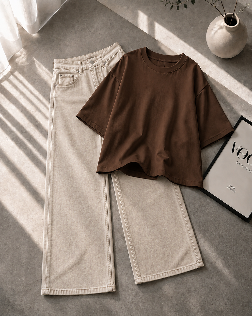 Brown Drop Shoulder With Beige Wide Leg Jeans