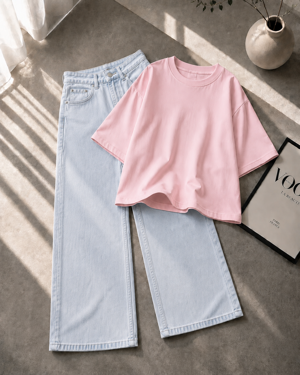 Baby Pink Baggy Drop Shoulder Tee & Ice-Blue Vintage Baggy Jeans