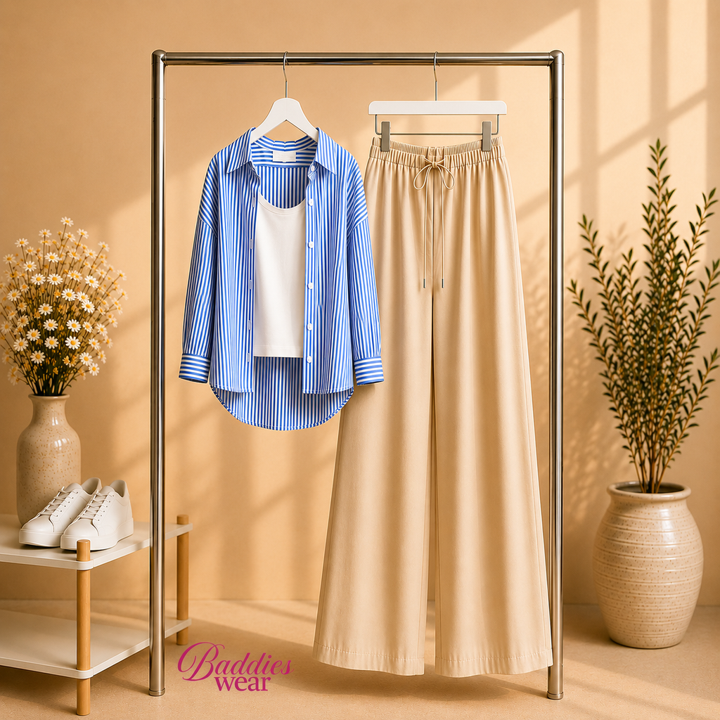 Blue Stripe Button Down Shirt & With White Inner & Beige Flapper Trouser