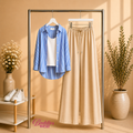 Blue Stripe Button Down Shirt & With White Inner & Beige Flapper Trouser