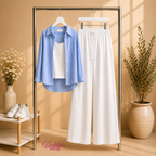 Baby Blue Stripe Button Down Shirt & With White Inner & White Flapper Trouser