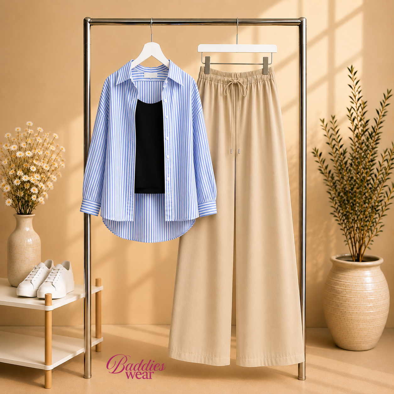 Baby Blue Stripe Button Down Shirt & With Black Inner & Beige Flapper Trouser