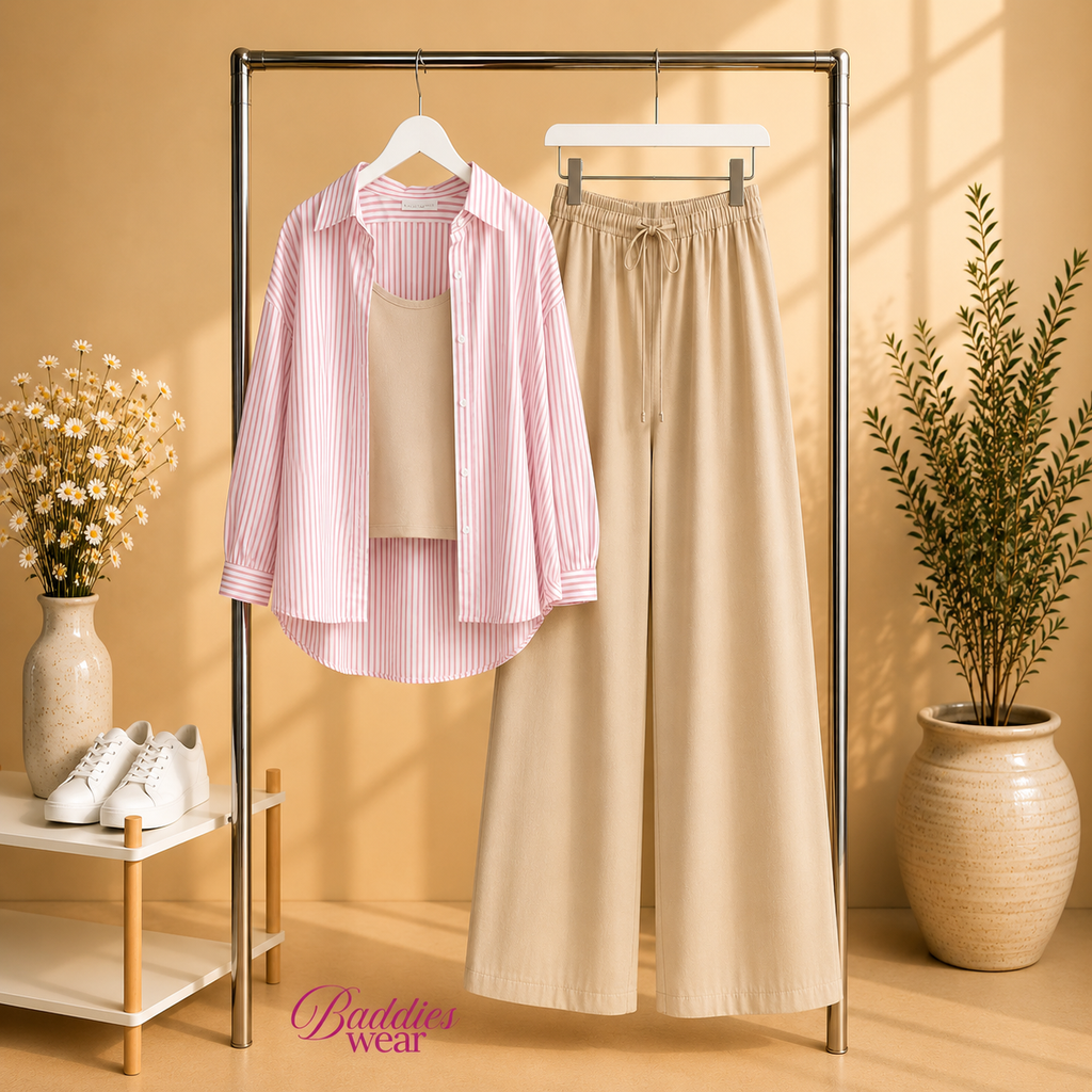 Baby Pink Stripe Button Down Shirt & With Beige Inner & Beige Flapper Trouser