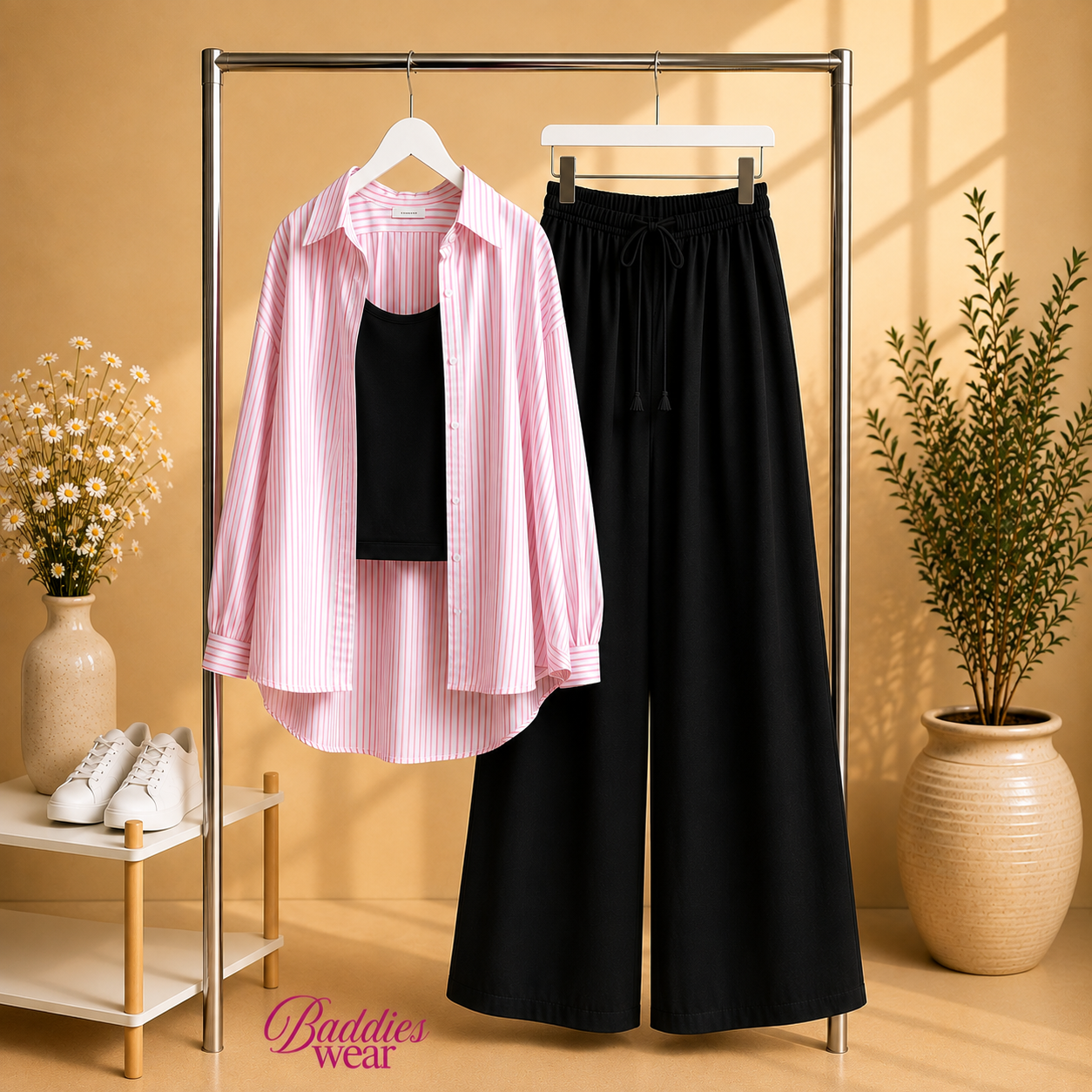 Baby Pink Stripe Button Down Shirt & With Black Inner & Black Flapper Trouser