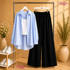 Sky Blue Stripe Button Down Shirt & With White Inner & Black Flapper Trouser