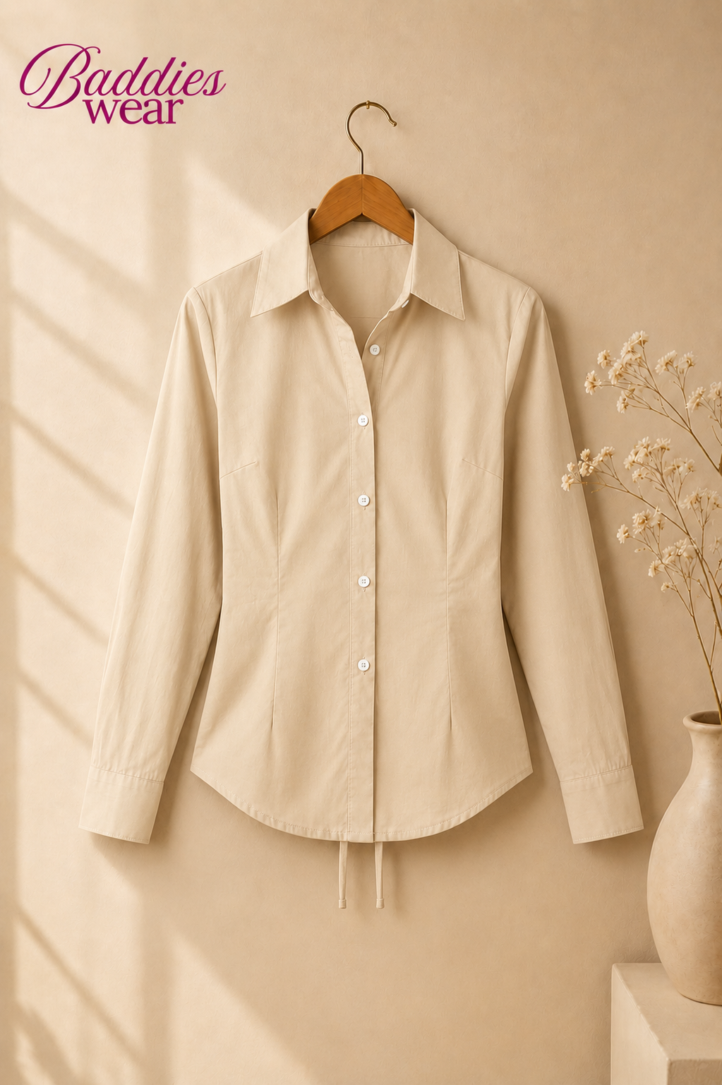 Beige Fitted Button Down Shirt