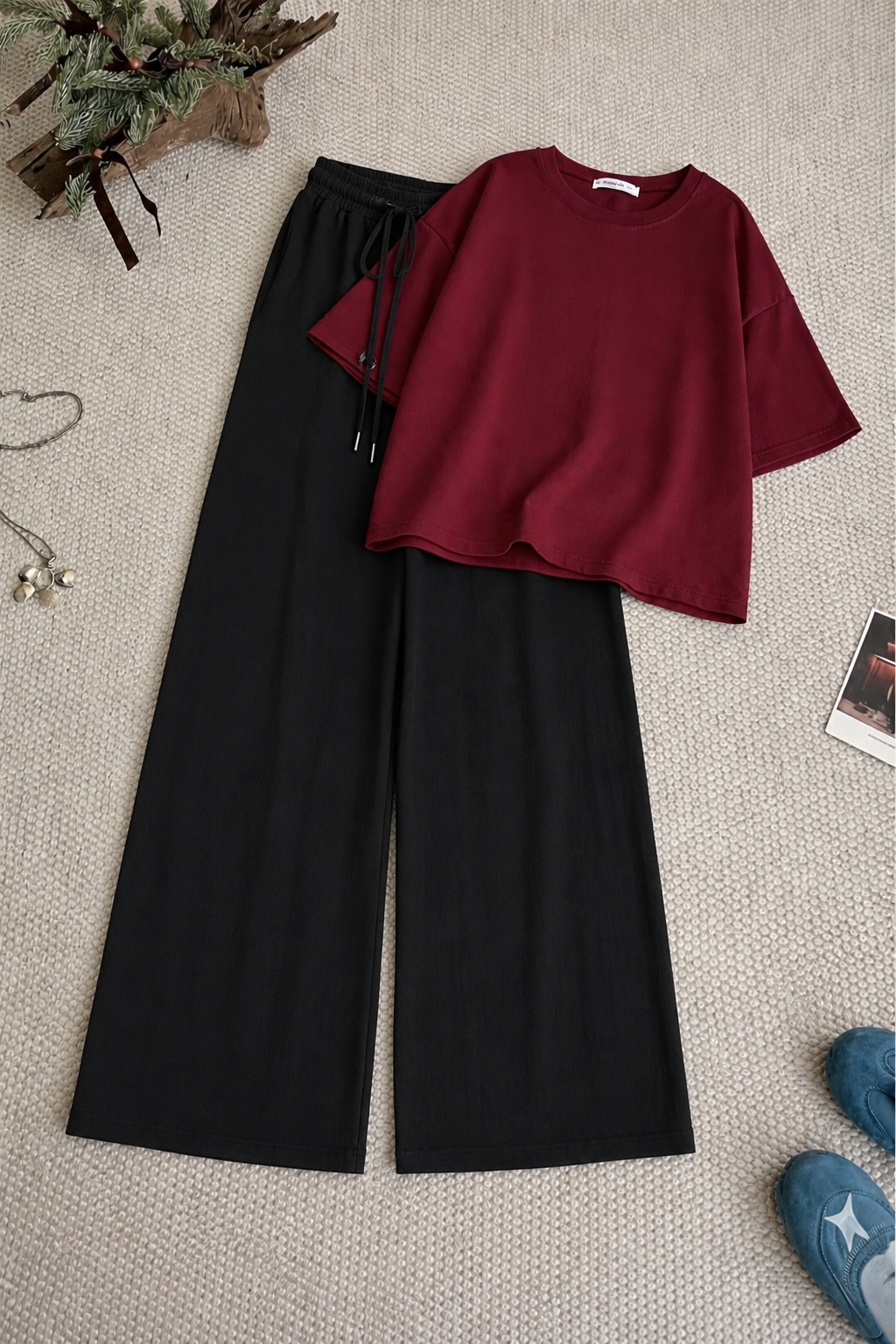 Burgundy Oversized Tee With Black Flapper Trouser