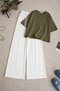 Olive Green Oversized Tee With White Flapper Trouser