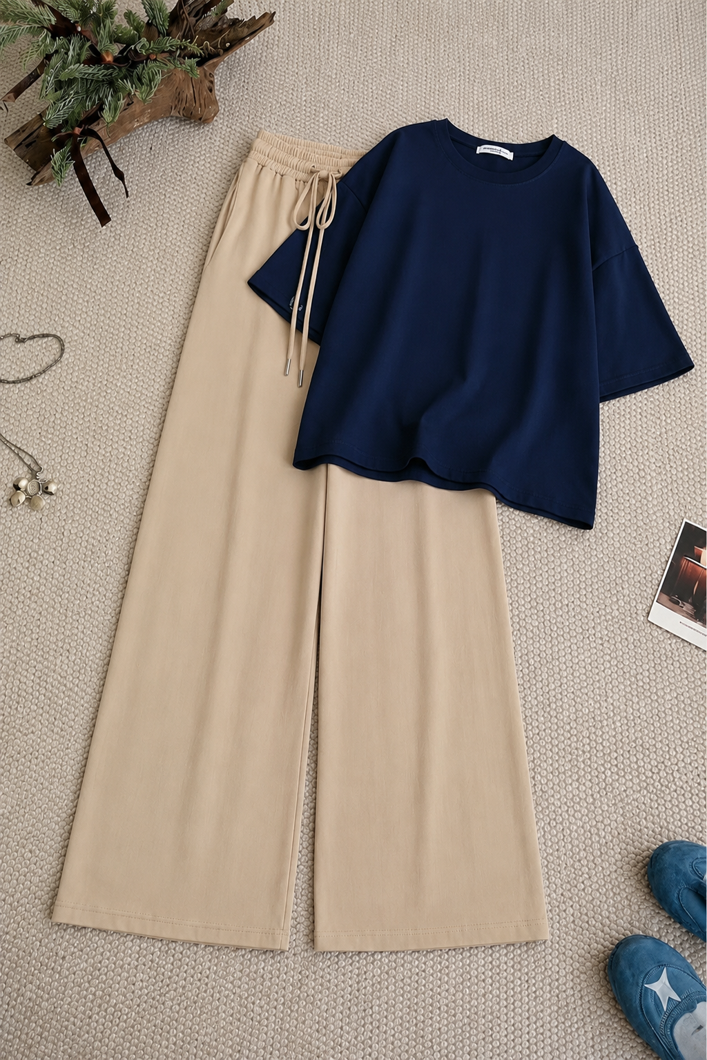 Navy Blue Oversized Tee With Beige Flapper Trouser