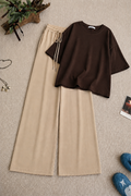 Dark Brown Oversized Tee With Beige Flapper Trouser