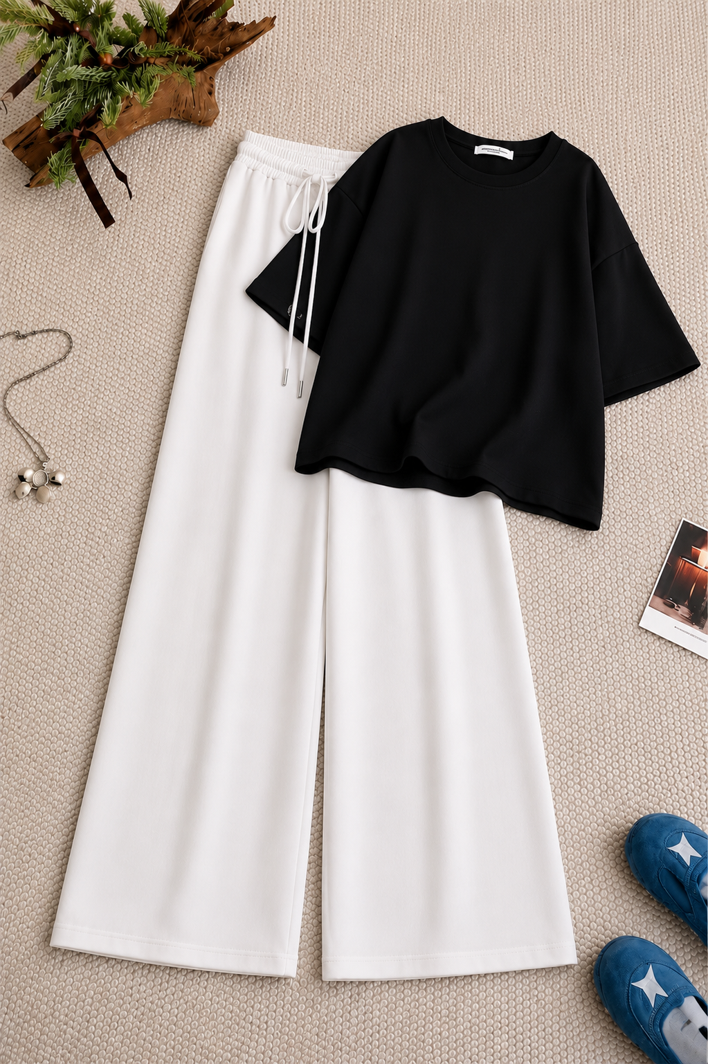 Black Oversized Tee With White Flapper Trouser