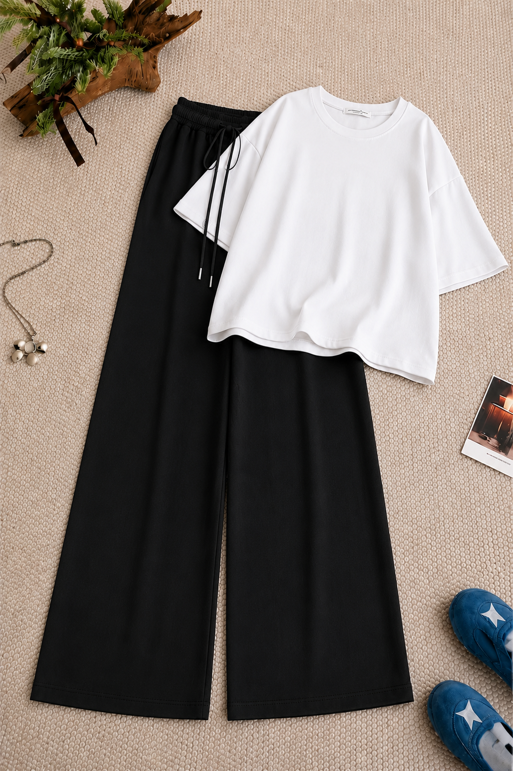 White Oversized Tee With Black Flapper Trouser