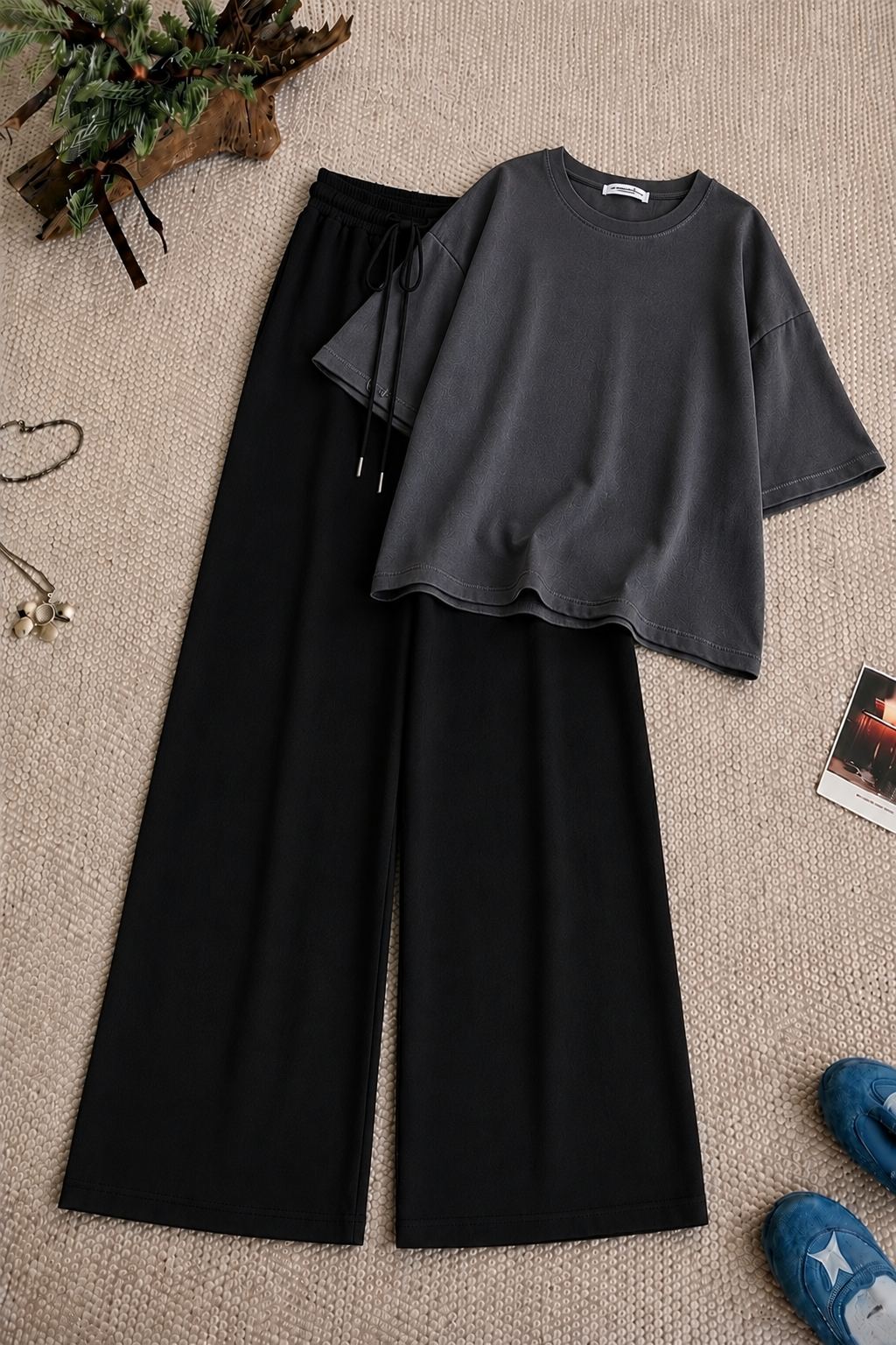 Charcoal Grey Oversized Tee With Black Flapper Trouser