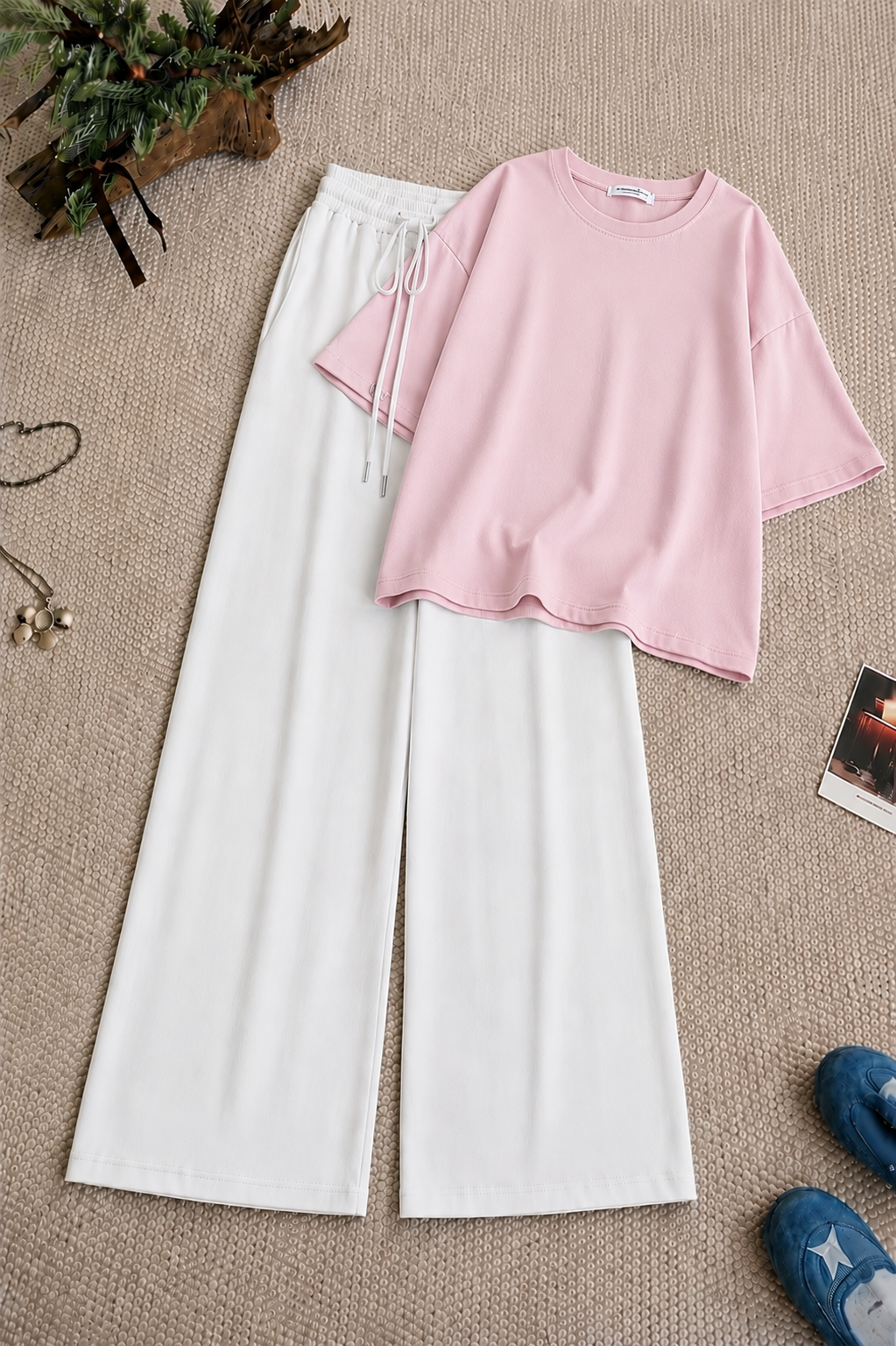 Baby Pink Oversized Tee With White Flapper Trouser