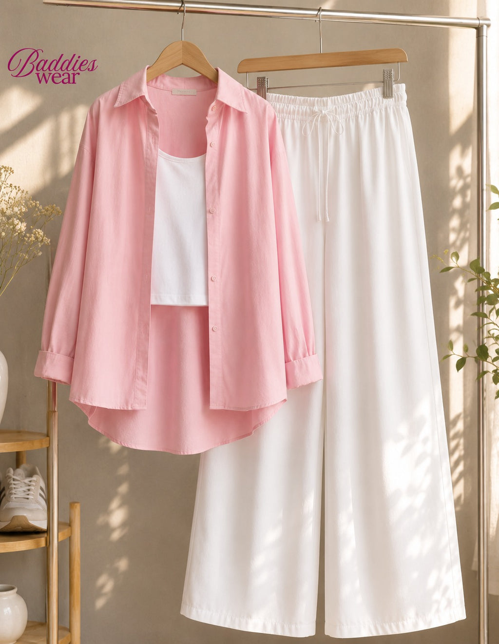 Baby Pink Button Down Shirt With White Tank Top & White Flapper Trouser