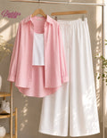 Baby Pink Button Down Shirt With White Tank Top & White Flapper Trouser