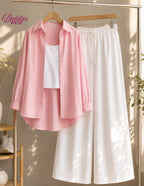 Baby Pink Button Down Shirt With White Tank Top & White Flapper Trouser