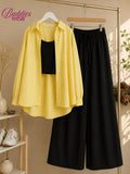Yellow Button Down Shirt With Black Tank Top & Black Flapper Trouser