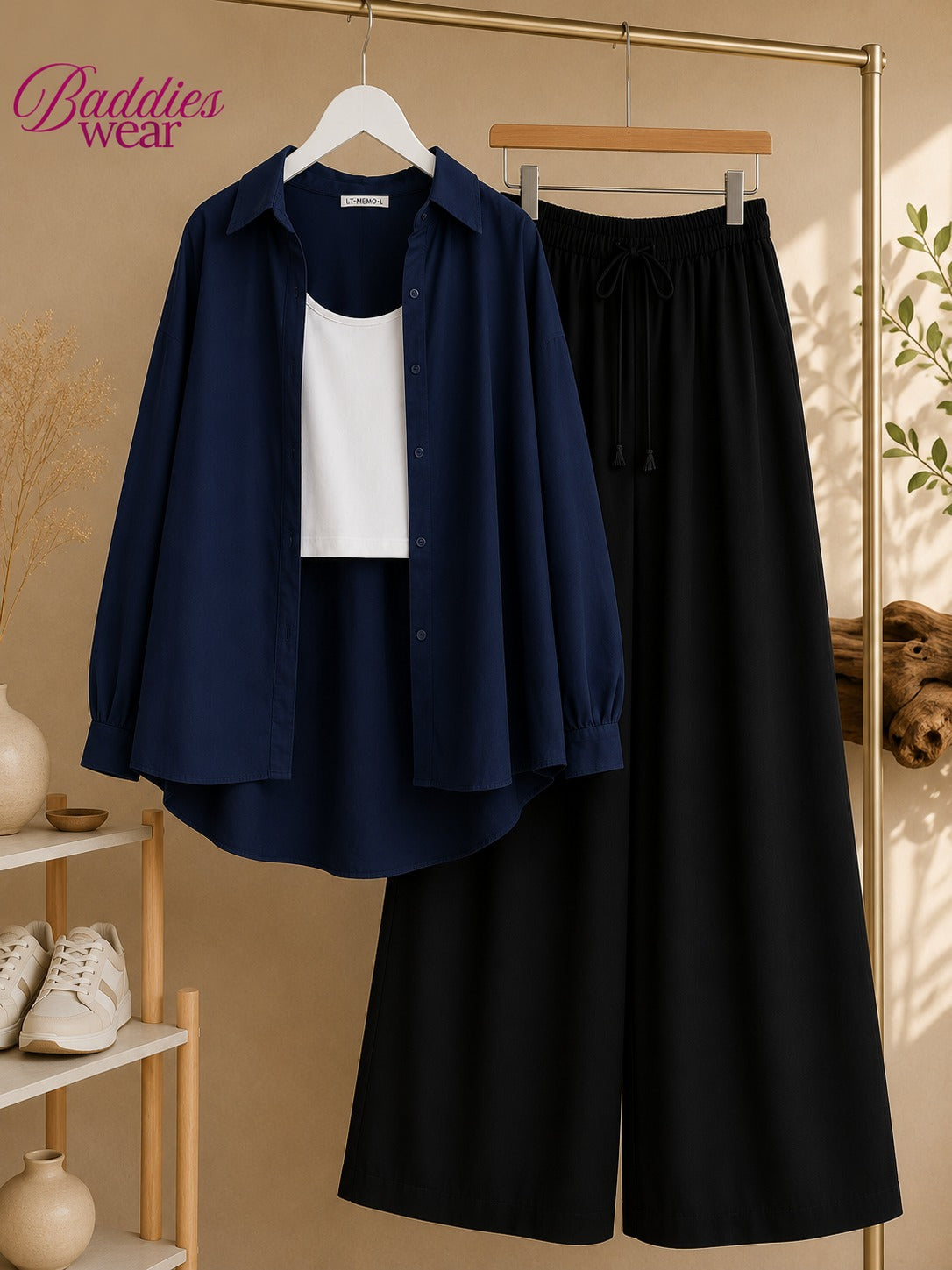 Dark Blue Button Down Shirt With White Tank Top & Black Flapper Trouser
