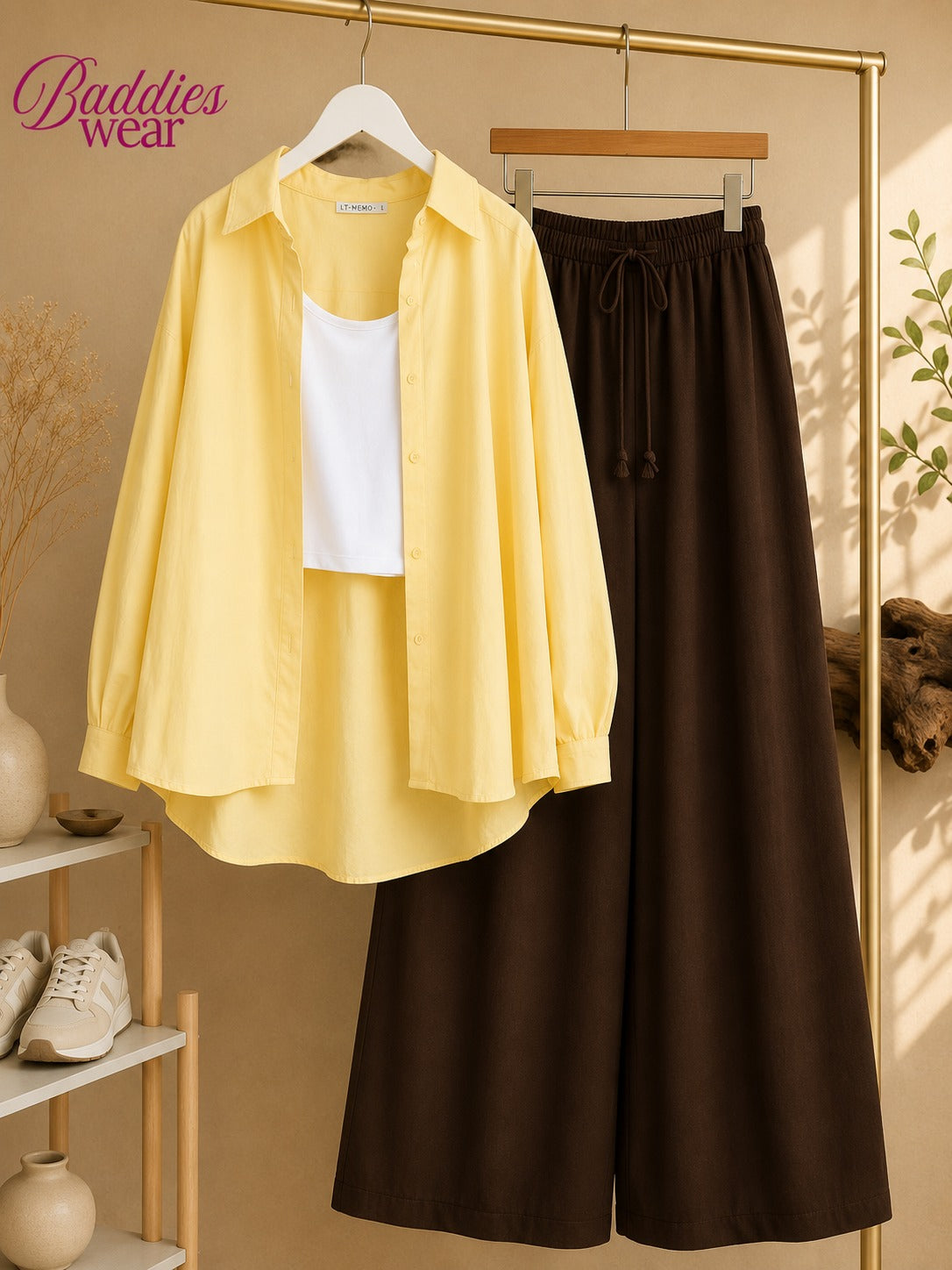 Yellow Button Down Shirt With White Tank Top & Brown Flapper Trouser