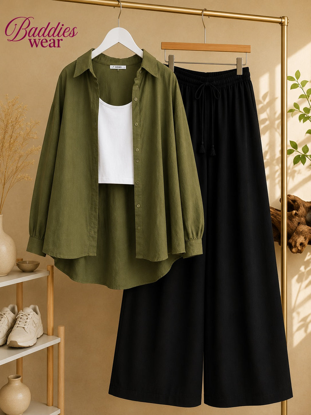 Olive Green Button Down Shirt With White Tank Top & Black Flapper Trouser