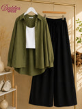 Olive Green Button Down Shirt With White Tank Top & Black Flapper Trouser