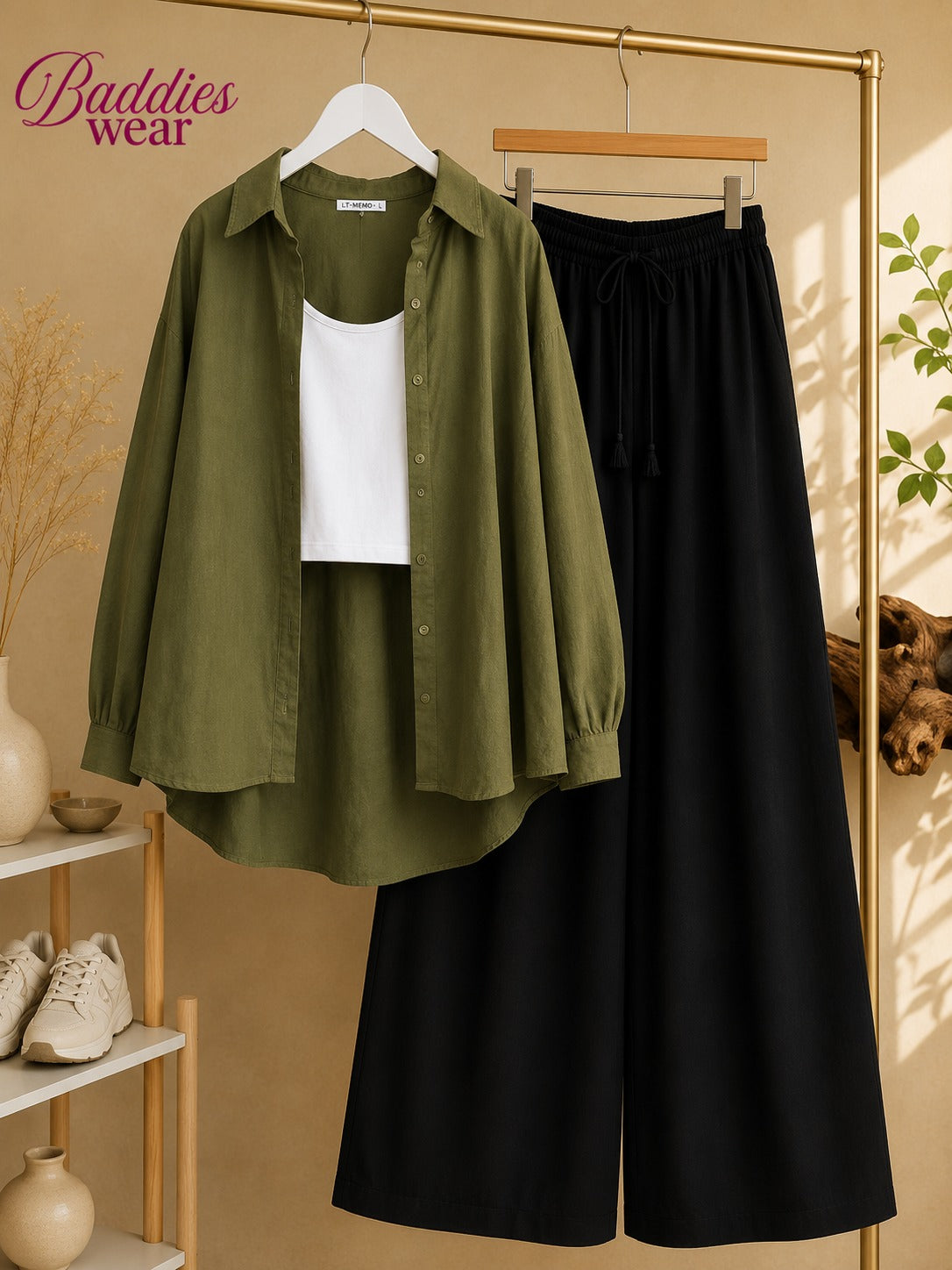 Olive Green Button Down Shirt With White Tank Top & Black Flapper Trouser
