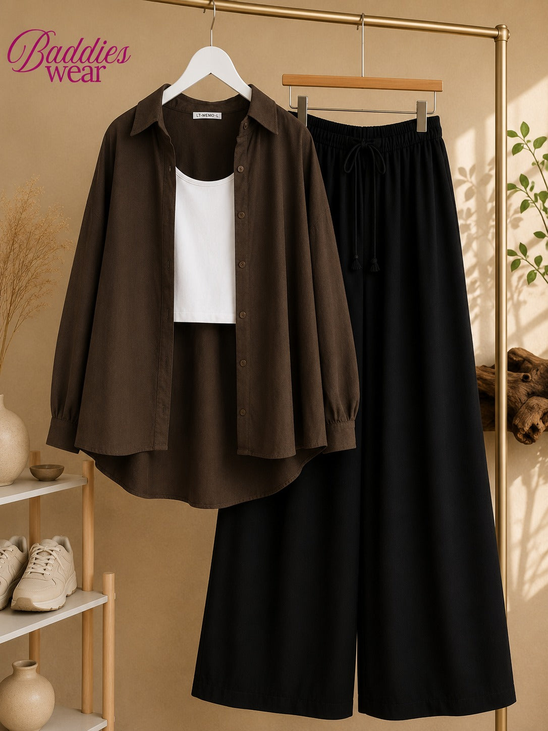 Brown Button Down Shirt With White Tank Top & Black Flapper Trouser