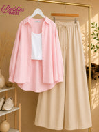 Baby Pink Button Down Shirt With White Tank Top & Beige Flapper Trouser
