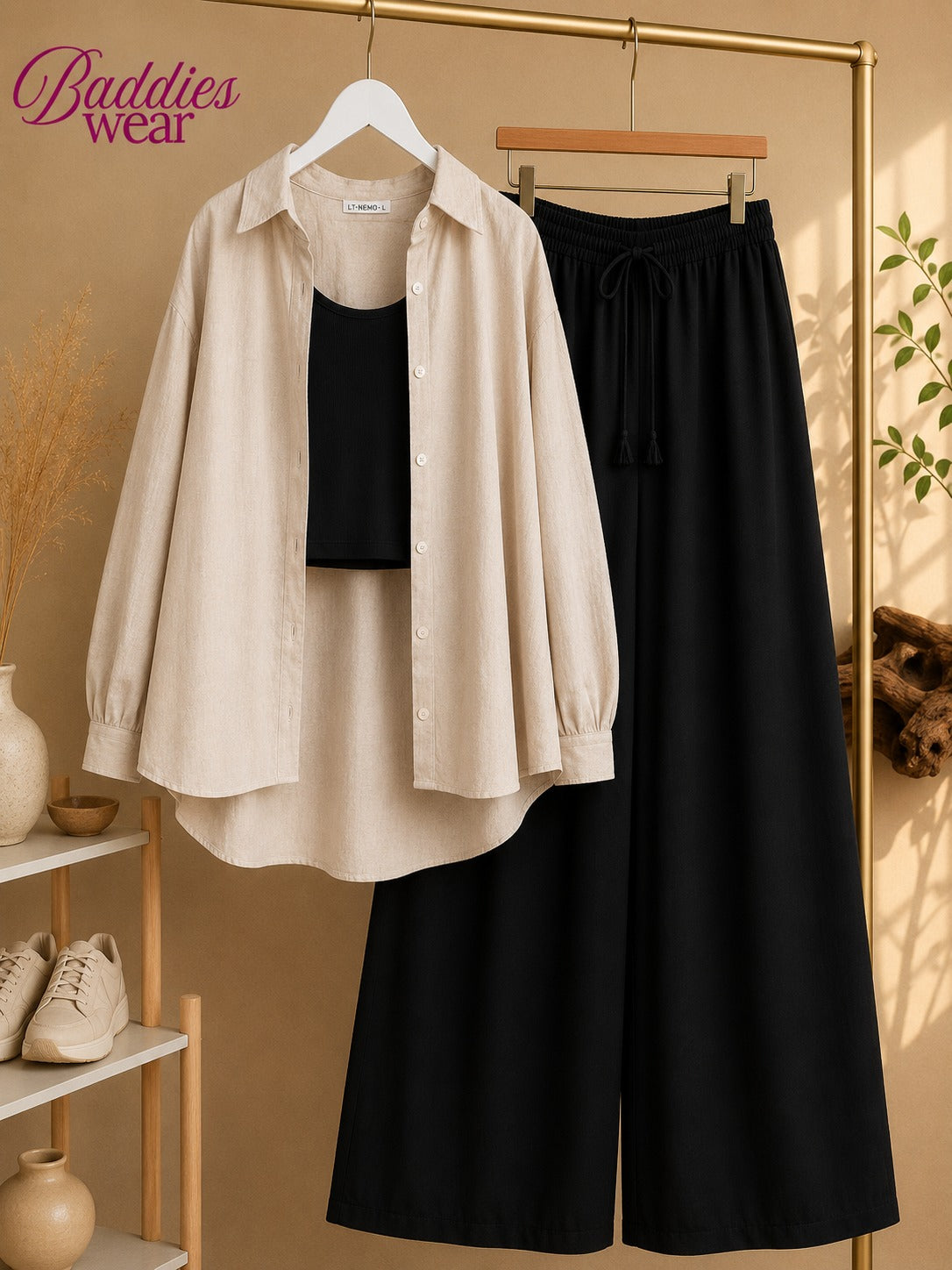Beige Button Down Shirt With Black Tank Top & Black Flapper Trouser