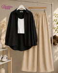Black Button Down Shirt With White Tank Top & Beige Flapper Trouser