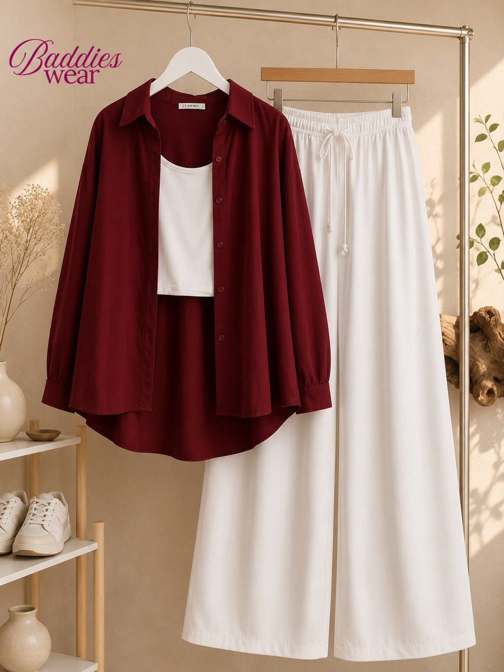 Red Button Down Shirt With White Tank Top & White Flapper Trouser