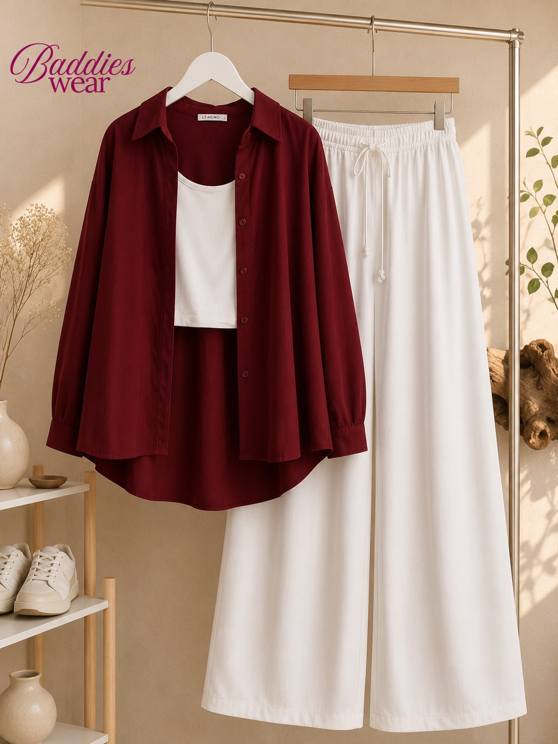Red Button Down Shirt With White Tank Top & White Flapper Trouser