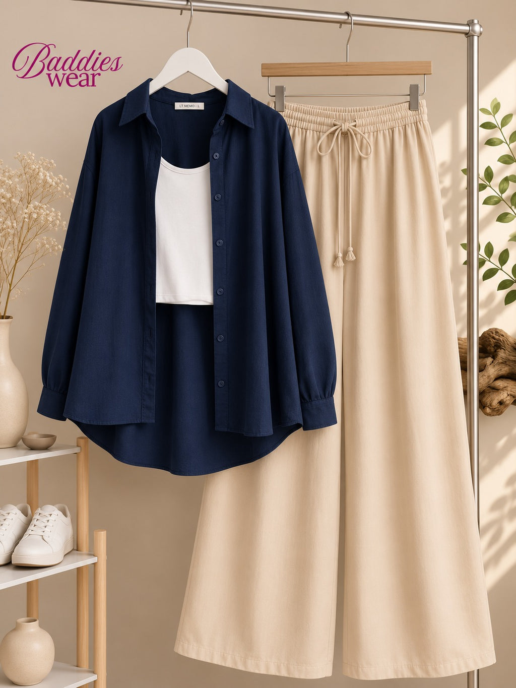 Dark Blue Button Down Shirt With White Tank Top & Beige Flapper Trouser